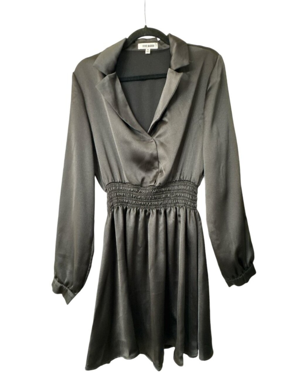 Steve Madden Women's Satin Long-Sleeve Mini Dress With Smocked Waistband Black S